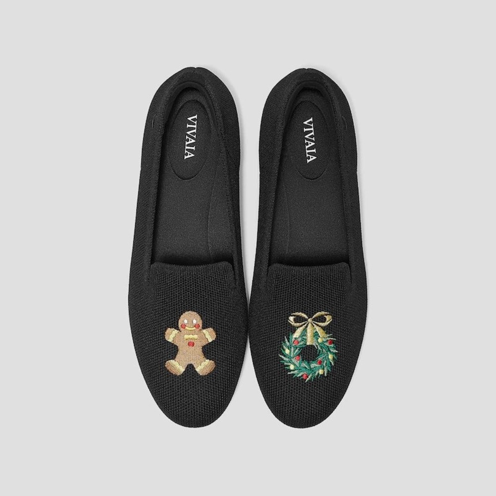 VIVAIA Audrey Black Gingerbread Man Embroidered Knit Loafers EU 39.5 US 8.5 NEW